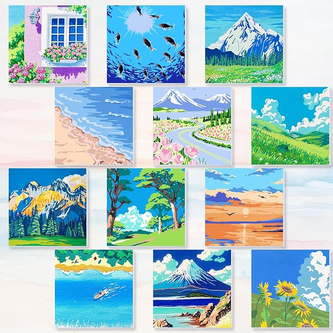 Nezyo 12 Sets Scenery Paint by Numbers Adults with Frame, 8x8 Inch Kit | Easy DIY Acrylic Kits for Beginners, Framed Canvas Ready to Hang, For Painting Party Classroom Birthday Gift