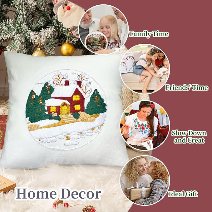 FONNUY Christmas Embroidery Kit for Beginners, Throw Pillow Case Cross Stitch Set Winter Snow House Holly Tree Pattern for Adults, Hand Works Crafts Throw Pillow Cover, 18 x 18'' (White)