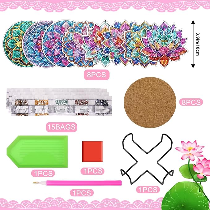 UPINS 8Pcs Lotus Diamond Art Painting Coasters Kits with Holder, Diamond Art Non Slip Coaster Kits DIY with Holder Crafts for Adults Diamond Art Painting Kits Supplies for Holiday Gift