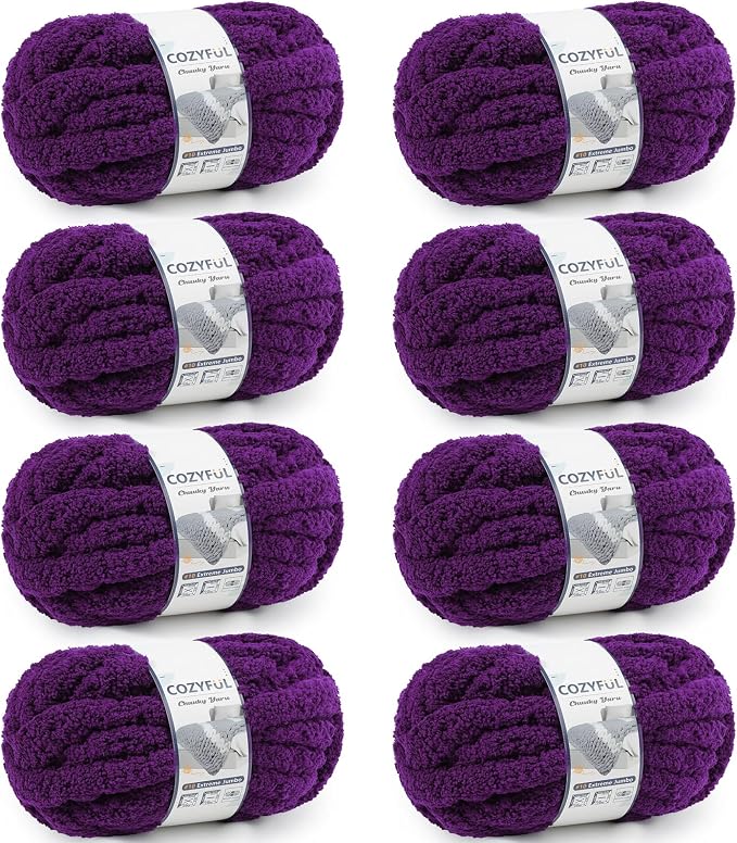 Cozyful Chunky Yarn for Hand Knitting - #10 Chunky Chenille Yarn, Jumbo Big Thick Chunky Yarns for Crocheting, Super Bulky Chunky Knit Blanket Yarns, 8 Skein (22 yds 8 oz Each Skein), Dark Purple