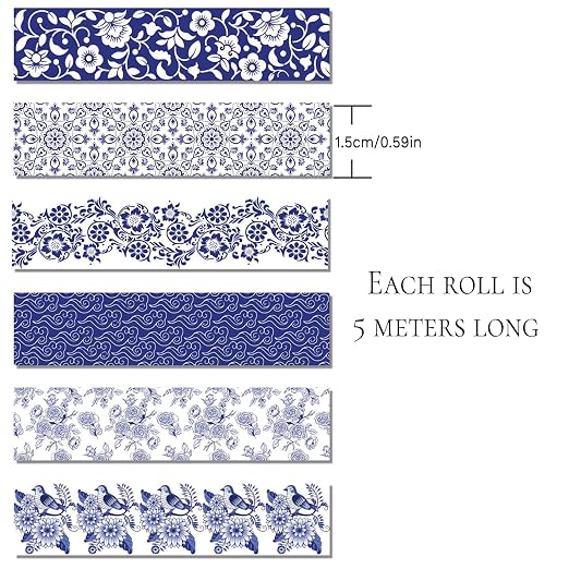 6 Rolls Washi Tape,Blue Washi Tape,Scrapbook Tape Supplies