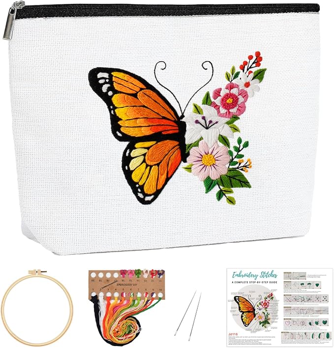 Louise Maelys Embroidery Kit, Butterfly Floral Canvas DIY Makeup Bag Craft