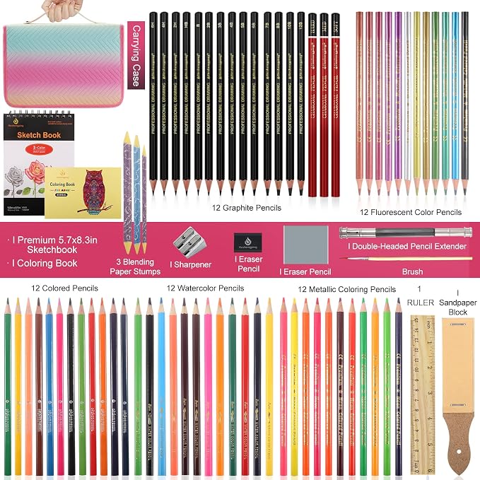 78pcs Drawing Kit Sketching Set Art Supplies with 3-Color Sketchbook Colorful Portable Case Colored Graphite Charcoal Watercolor Mettallic Pencil sketch draw gift set for Artist Adult Beginner