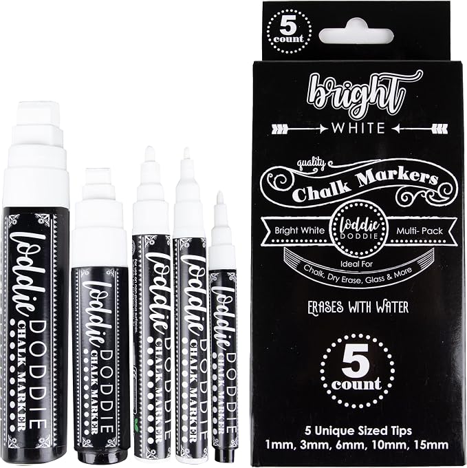 Loddie Doddie Chalk Markers, 1-15mm Tips, Windows & Glass, White, 5 Pack | 1-15mm Tips for Fine Detail & Bold Strokes, Works on Blackboard, Mirror & Whiteboard, White Chalk Pen, Wipes Clean with Water
