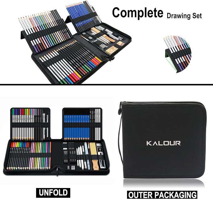 KALOUR 82 Pack Drawing Sketching Kit, Pro Art Supplies with Sketchbook, Include Tutorial,Colored, Graphite, Charcoal, Watercolor,Metallic & Pastel Pencils, Drawing Set for Adults Teens Beginner