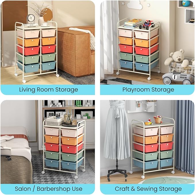 Giantex 10 Drawers Rolling Cart, Classroom Organizers, Storage Cart with Wheels, for Teacher Office Home School Supplies Tool Craft Art Paper, Multicolor