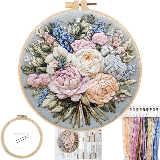 FONNUY Bouquet Flowers Embroidery Kit for Beginners, Pre-Stamped Pattern Kits for Adults with Hoop, Easy to Follow Color Thread Needlework, 8'' Hoop (Heartwarming)