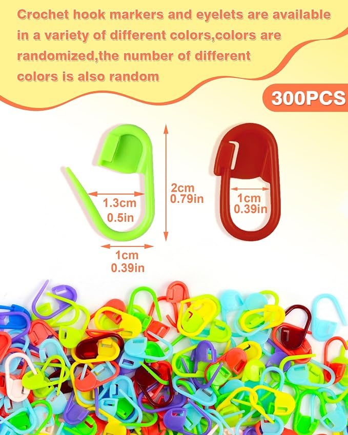 FIVEIZERO 300pcs Stitch Markers for Crocheting & 6pcs Blunt Sewing Needles | Mix Random Color Knitting Markers;Reusable Bulk Plastic Crochet Hook Clip for Knitting,Weaving,Crocheting,Art,Craft Projects