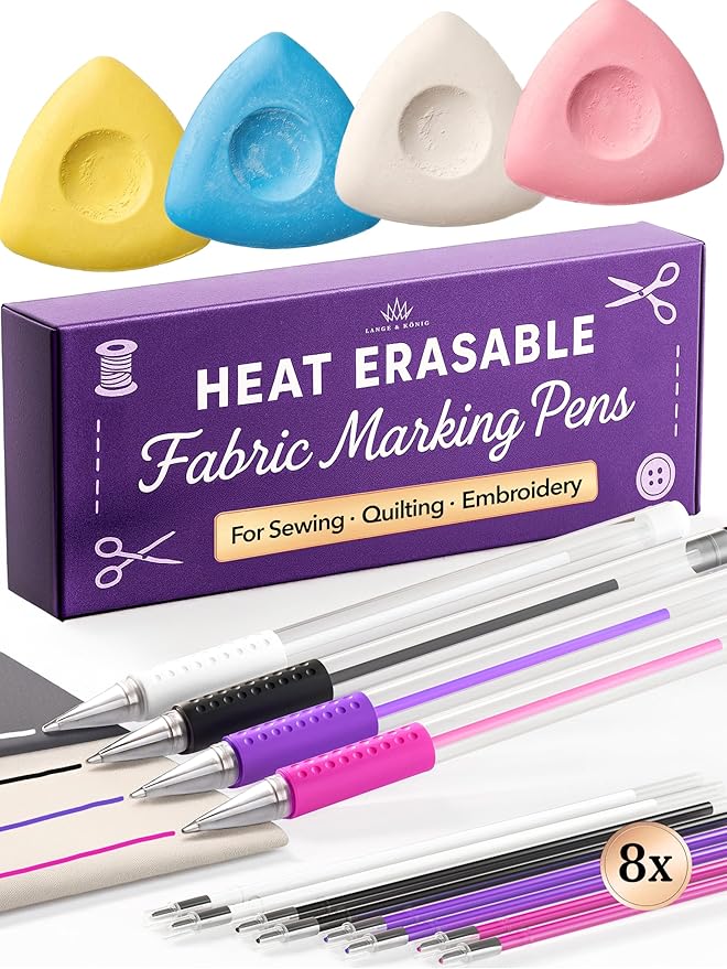 Lange & König 4x Tailors Chalk + Heat Erasable Fabric Marking Pens for Sewing - Sewing Supplies Quilting Supplies Table Accessories Embroidery Pen Tailors Chalk Alternative