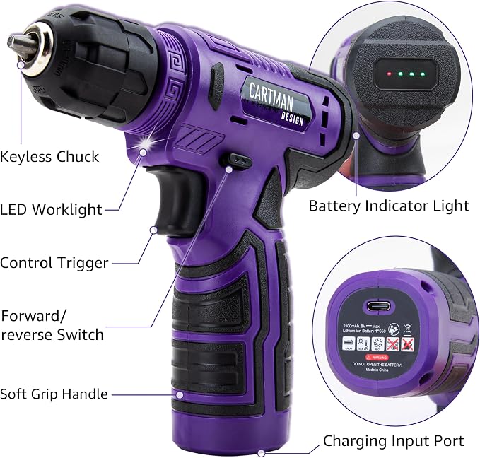 CARTMAN 150PCS 8V Cordless Drill Hand Tool Set, Purple Household Repair Kit | All-Inclusive Tool Assortment With 8V Drill, Great For Home Upkeep, DIY Crafting And Daily Household Fixes