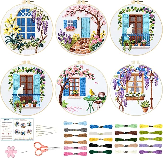 BEUNITONE 6 Set Flowers Embroidery Kit for Beginners Vintage Garden Scene Pre-Stamped Pattern, Needlepoint Kits for Adults Beginners, DIY Handmade Embroidery for Home Decor and Gifts 20x20cm