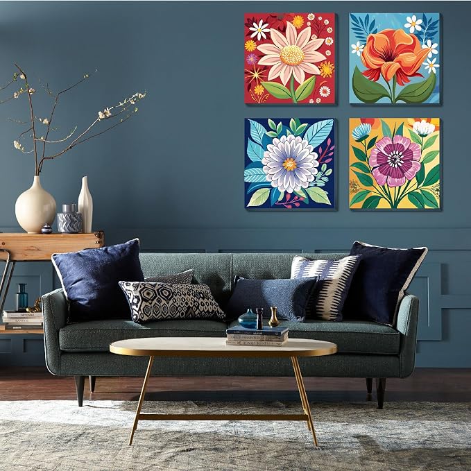 Canrichshop 4 Pack Framed Paint by Numbers Kit for Adults Beginner & All Ages 8-12 and More,Flowers Painting by Numbers, DIY Number Painting for Adults for Decor Present 8X 8 inch