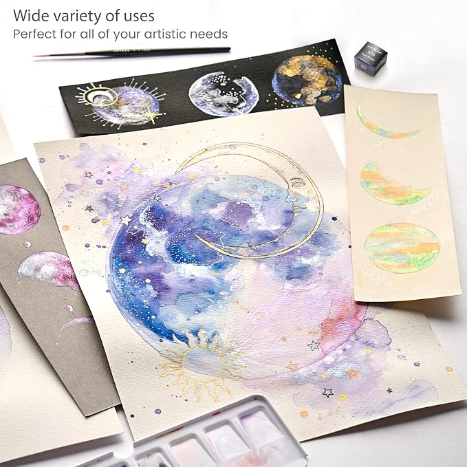 ARTEZA Watercolor Paint Set, 12 Metallic Watercolor Paints, Glitter Watercolor Paint in Half Pans, Travel Watercolor Set | Water Brush Included, Refillable Pans, Mica Shimmer, For Watercolor Paper, Sketchbooks, Journaling and Mixed Media