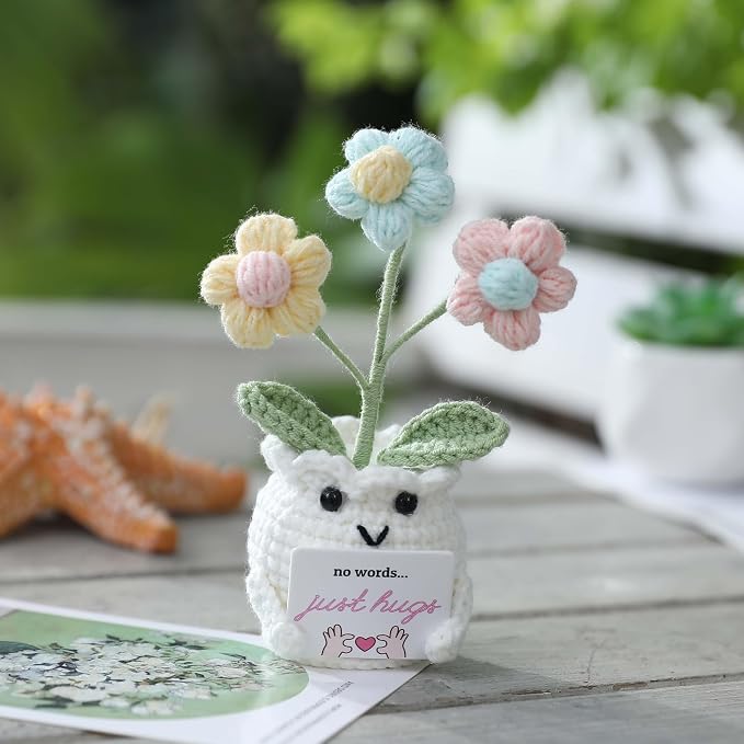 Crochet Sympathy Gifts for Loss of Loved One – No Words, Just Hugs Crochet Puff Flower Plant– Bereavement, Memorial, Get Well Soon, Grief Gift Idea for Loss of Grandpa Grandma Mom Dad
