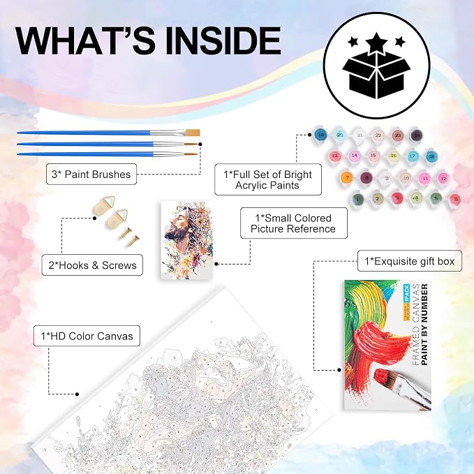 Yezavesu Framed Paint by Numbers Kit for Adults Beginner & Kids Ages 8-12, Jesus Paint by Numbers with Frame, DIY Number Painting for Adults Colorful Flowers for Home Wall Decor Gift 8X 12 inch | With Frame Canvas 8x 12 inch, DIY Acrylic Painting by Nu...