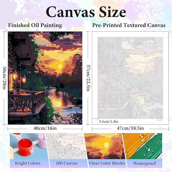 Paint by Numbers Kit for Adults, Sunset Cabin Number Painting Canvas Kit | DIY Acrylic Lake Painting Set for Beginners, Stress Relief Relaxing Craft, Home Wall Decor, Gift for Adults, 16x20 Inch