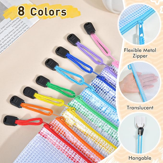 PAPEJOON 14pcs Mesh Zipper Pouch Bags, 8 Sizes Plastic zippered Storage Bags for Organizing, Clear Pouches with Zipper, Waterproof Mesh Pouch for Office Supplies, Home Organize, Travel Storage