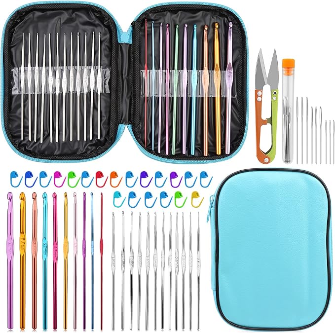 IMZAY 54 Pcs Crochet Hooks Set 0.6–6.5mm Ergonomic Crochet Needles Set | 22 Pcs Crochet Hooks, Aluminum Knitting Needles with Hooks, Yarn Needles, Stitch Markers, Hook Case for Beginners(Blue)