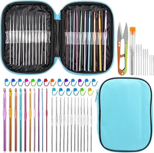 IMZAY 54 Pcs Crochet Hooks Set 0.6–6.5mm Ergonomic Crochet Needles Set | 22 Pcs Crochet Hooks, Aluminum Knitting Needles with Hooks, Yarn Needles, Stitch Markers, Hook Case for Beginners(Blue)