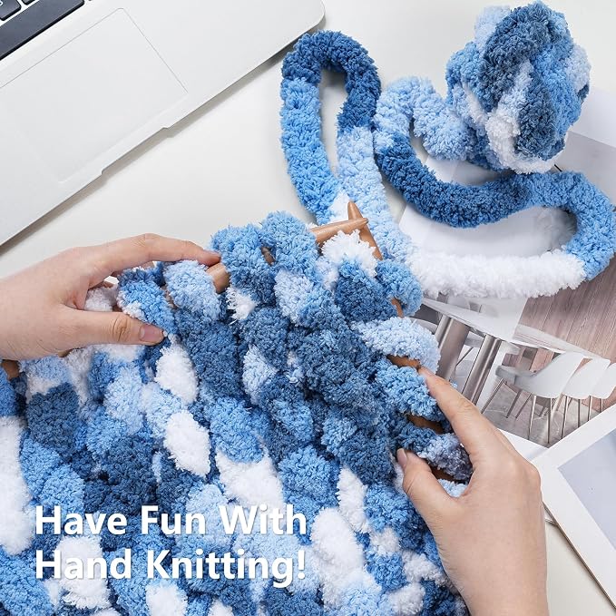 Cozyful Chunky Yarn for Hand Knitting - #10 Chunky Chenille Blanket Yarn, Jumbo Big Thick Chunky Yarns for Crocheting, Tie Dye Bulky Knit Yarns, 8 Skein (20 yds 8 oz Each Skein), Sky&Navy&Royal&White