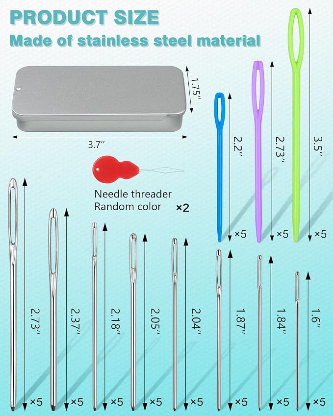 FIVEIZERO 55 PCS Yarn Needles Large Eye for Crochet, 8 Sizes Stainless Steel Yarn Needles & 3 Sizes Plastic Needles for Crochet, Darning, Weaving, and DIY Crafting with Threaders, Needlepoint Kits