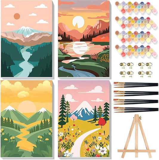 4 Pack Scenery Paint by Numbers for Adults with Frame Canvas - Wooden Easel | Landscape Paint by Number for Beginners, Easy Acrylic Oil Painting Kits with Brushes for Home Wall Decor (8x12 inch)