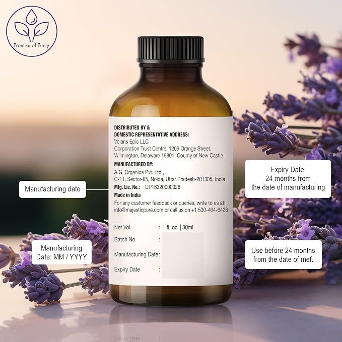 Majestic Pure Lavender Essential Oil for Diffuser - 1 Fl Oz | 100% Natural Essentials Oils Ideal for Relaxing Tense Mood, Eliminating Odor, Creating Peaceful Atmosphere for Sleep & Work