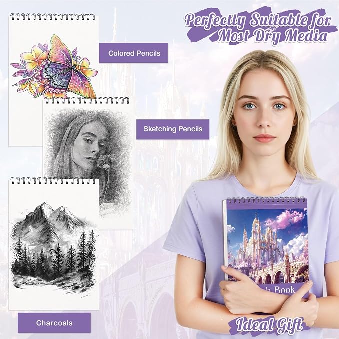 8.5×11 Sketch Book, Spiral Bound, 100 Sheets, Acid-Free, Purple | 68lb/100gsm Paper, Perforated Pages, Sturdy Backboard, Ideal for Pencil, Charcoal, Pastel & Crayon