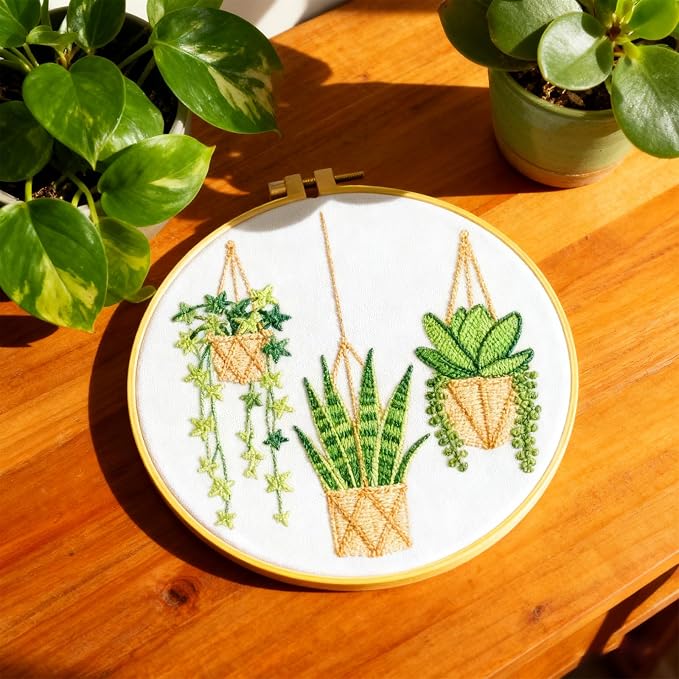 BEUNITONE 4 Set Embroidery Kit for Beginners, Vase Plants Cross Stitch Kits, Needlepoint Kits for Adults with Instructions and Full Kit, Creative Hand Embroidery Patterns for Cloth and Home Decor