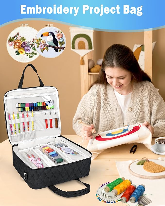 Telawsfun Embroidery Project Bag Organizer, Embroidery Supply Storage Bag with Removable Binder, Portable Carrying Tote for Thread Tools and Accessoriess, Bag Only (Black)