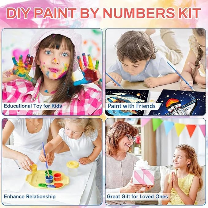 cviokrdu 4 Pack Paint by Numbers Kit for Kids with Frame - Wooden Easel, Outer Space Paint by Numbers for Kids Ages 4 8 12, Easy Astronaut Acrylic Oil Painting Kits for Home Wall Decoration 8x8 inch