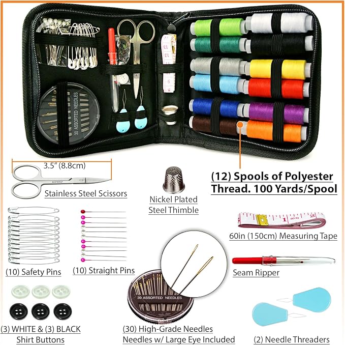 Vellostar Small Sewing Kit for Adults, Portable Needle & Thread Repair Set | Compact mini hand sewing kit with 12 thread colors, needles, scissors and buttons for quick clothing repairs at home or away