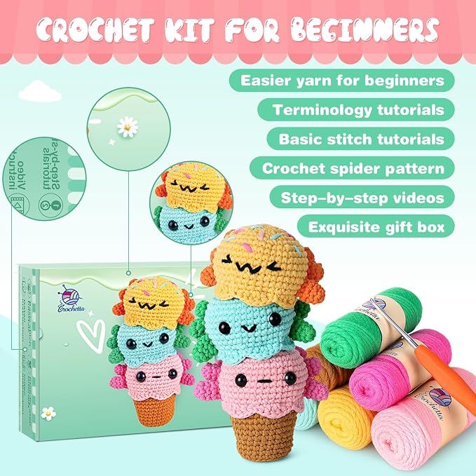Crochetta Crochet Kit for Beginners, Crochet Starter Kit w Step-by-Step Video Tutorials, Beginner Crochet Kit for Adults Kids Women Men Complete Kit Included (Ice Cream Axolotls)