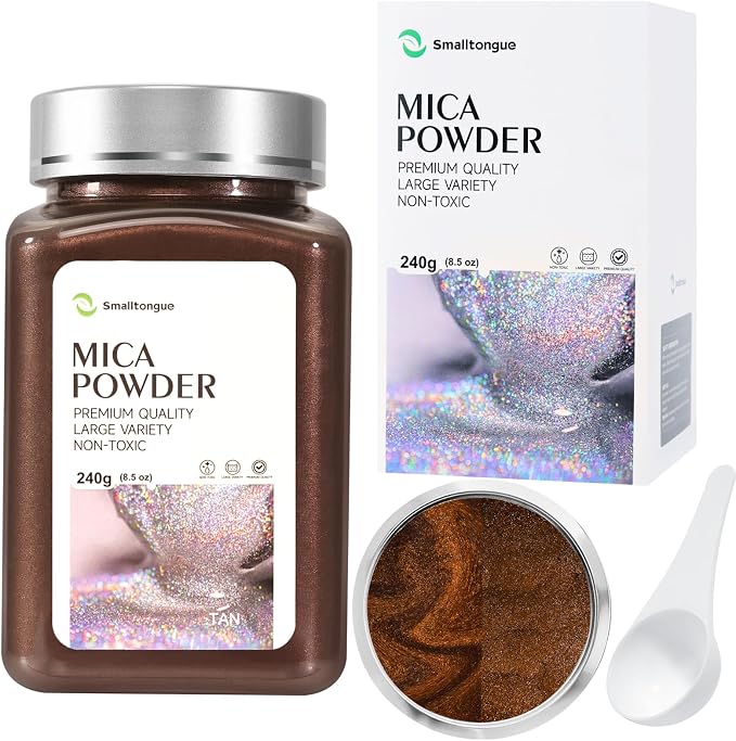 Mica Powder, Tan, 240g with Scoop, Complies with ASTM D-4236 | For Epoxy Resin, Soap, Bath Bomb, Candle| Safety Material| Odorless| Brilliant Colors