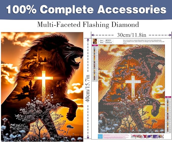 ijbnhd Diamond Art Kits for Adults 5D Lion Cross 12X16Inch