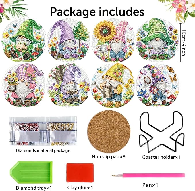 8 Pack Diamond Art Coasters Kits, Gnomes Diamond Painting Coasters Kits