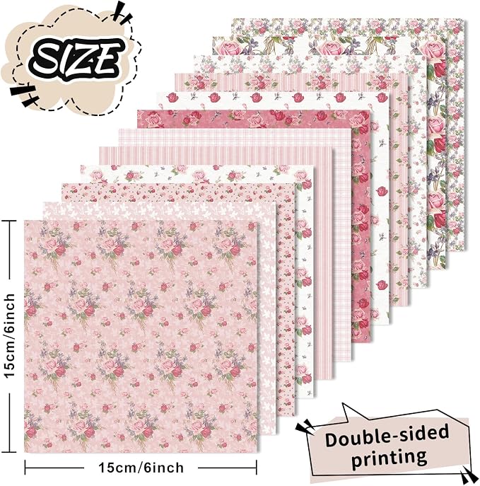 JarThenaAMCS 24 Sheets Rose Floral Pattern Paper Pink Scrapbook Specialty Paper Vintage Flower Double Sided Craft Papers for DIY Card Making Photo Album Journal Decor, 6 x 6 Inch
