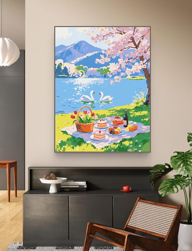 ZRIZQ Landscape Paint by Numbers Kit for Adults Beginner,Picnic,16x20 | Full set with rich paints,wooden brushes,rolled canvas.Calming activity.Beginner friendly.Just open and paint.