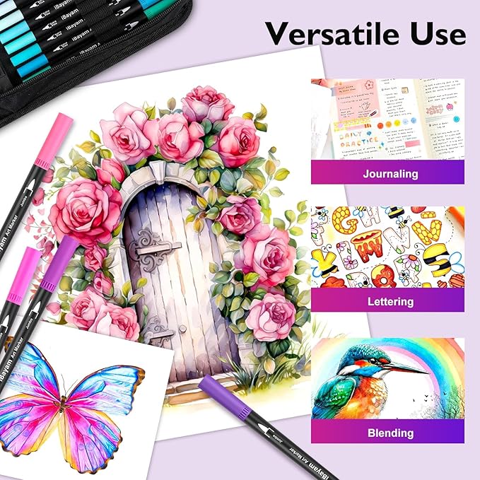 72-Color Dual Tip Markers, Fine & Brush Pens for adult coloring & lettering | 0.4mm Fineliner Pens, water-based non-toxic ink, carry bag, Note-Taking, Calligraphy, Journaling, Sketching and Lettering