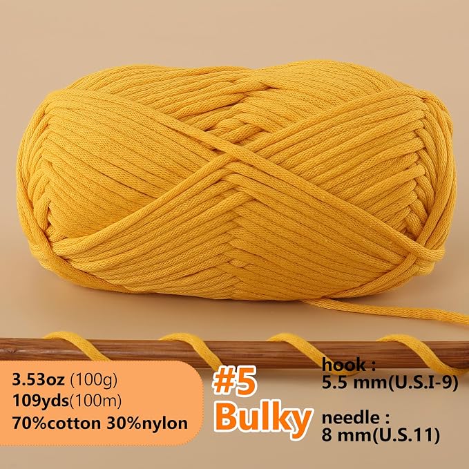 LUCKY BALL Yarn for Crocheting, 100g / 109 yd 70% Cotton 30% Nylon #5 Bulky Tube Yarn, Soft Crochet & Knitting Yarn for Bags, Hats, Socks, Sweaters, Blankets(Yellow)