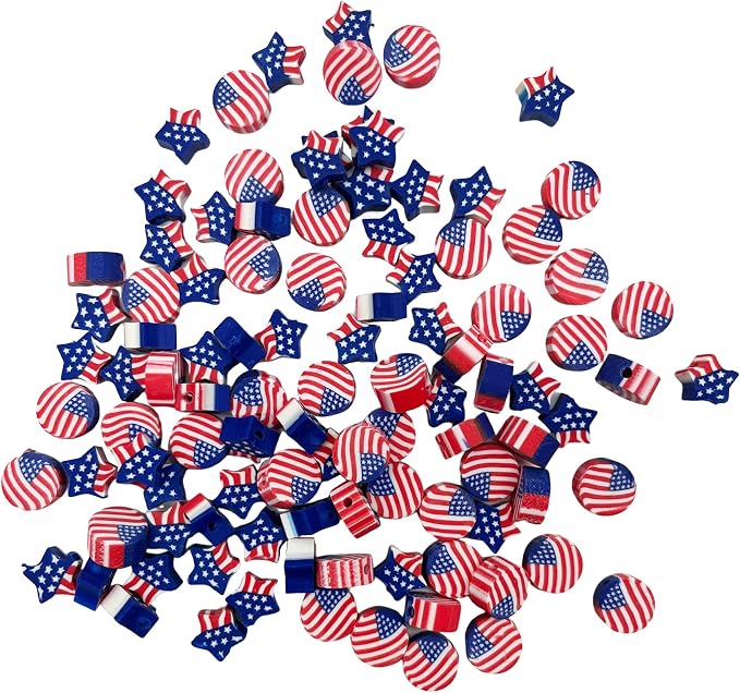 100 Pcs Patriotic Polymer Clay Beads 4th of July Mixed Heishi Spacer Beads Supplies for DIY Bracelet Earring Necklace Jewelry Making (American Flag)