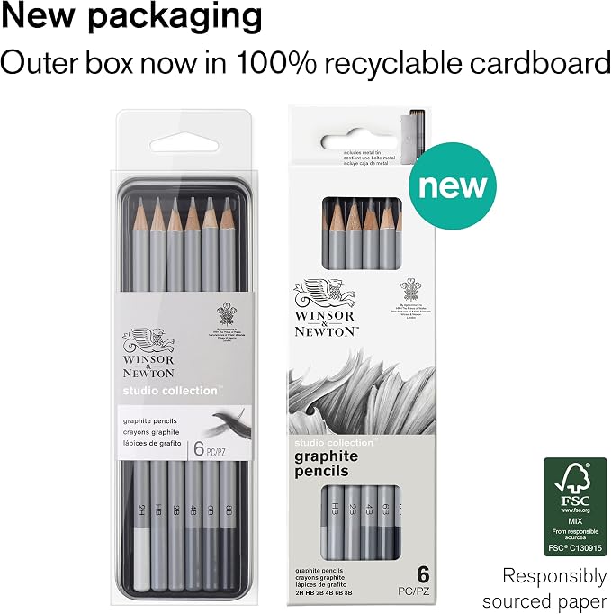 Winsor & Newton Studio Collection, Graphite Pencils, Set of 6 | Soft, Thick Core pencils, Varied Hardness, Soft Smooth Texture, Easy Blending, Stylish Metal Tin Included, High Quality Lead