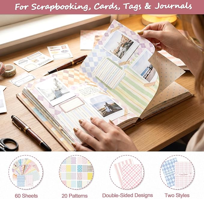 BESARME Scrapbook Paper Pad, 60 Sheets, 5.5 x 8.3 in, Double-Sided | 20 grid patterns, easy-cut paper for scrapbooks, journals, cards, tags, photo books, origami and DIY crafts