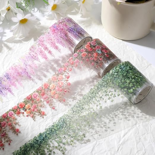 Floral Washi Tape 3 Rolls Set Self-Adhesive PET Flower Stickers Decorative Rose Vine Tape for Journaling Scrapbook Crafts Gift Wrapping