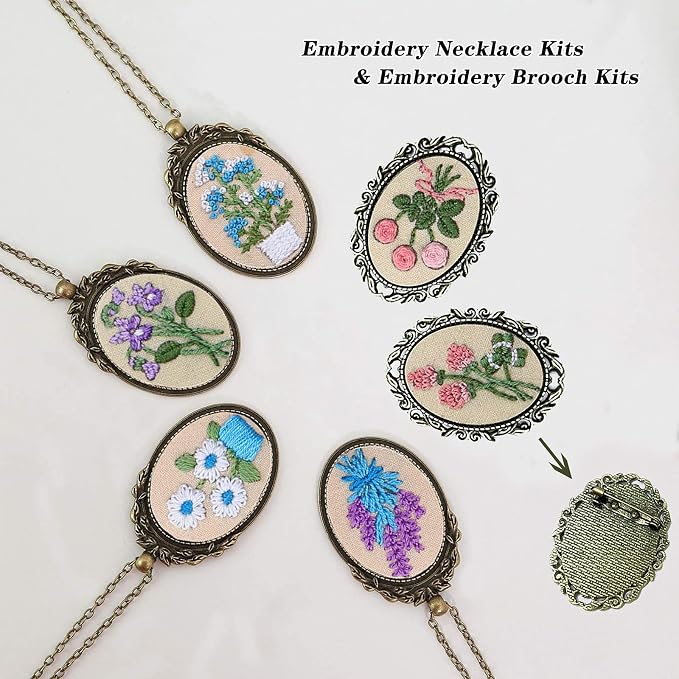 ZOCONE 6 Packs Embroidery Necklace Kits, Embroidery Pendant Kit Mini Cross Stitch Kit with Hoop, Necklace, Pendant, Brooch, Stamped Pattern Cloth, Instructions, etc. Embroidery Kits for Adults