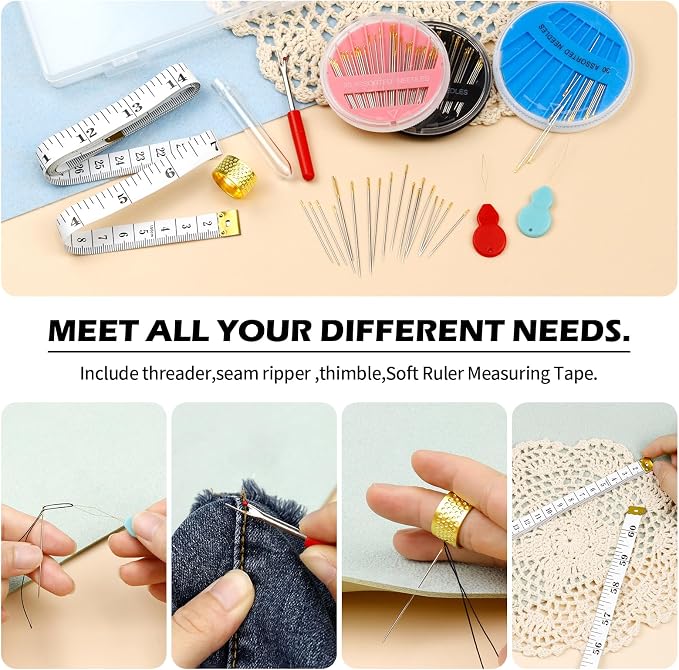 FIVEIZERO Premium Hand Sewing Needles Set,90-Count Assorted Embroidery Needles with threaders,Thread Removal Knife, Thimble,Soft Tape Measure for Hand Sewing Repair