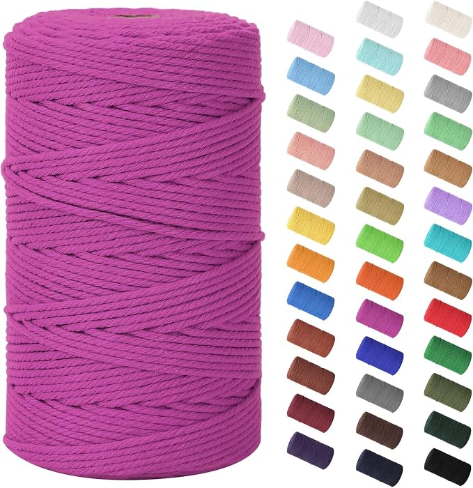 Macrame Cord 3mm x 220Yards (656Feet), Natural Cotton Macrame Rope - 4 Strands Twisted Macrame Cotton Cord for Wall Hanging, Plant Hangers, Crafts, Gift Wrapping and Wedding Decorations, Rose Red