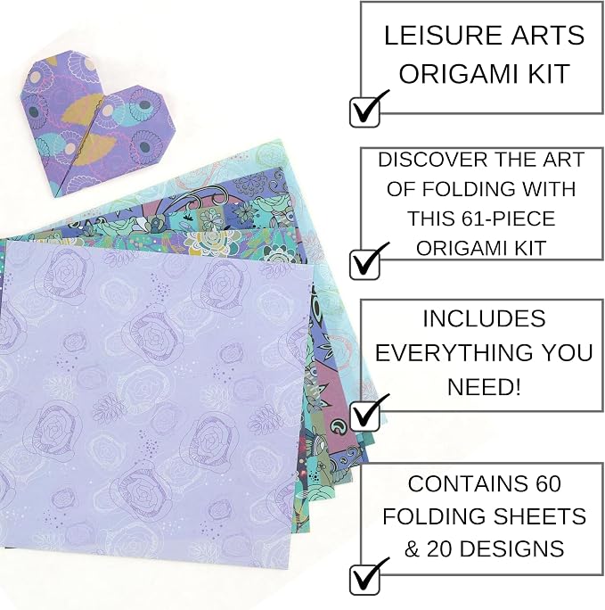 LEISURE ARTS Origami Kit, 60 Folding Sheets, 20 Designs, 61 Piece