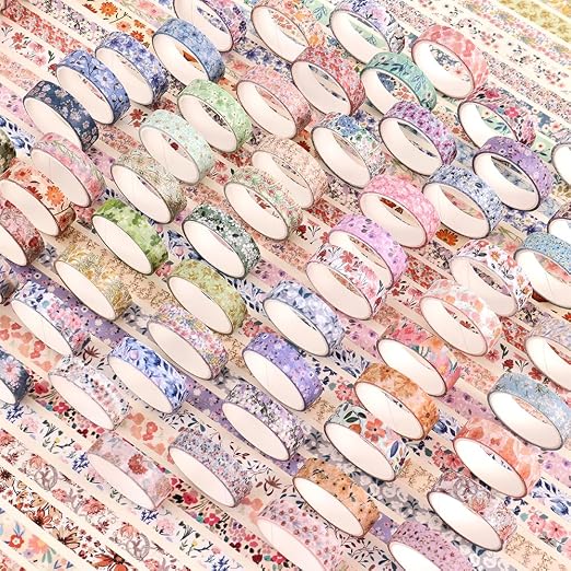 icceemee 60 Rolls Flowers Theme Washi Tape Set with Different Colorful Patterns, Writable Decorative Tapes for Scrapbooking, Junk Journal Supplies, Bullet Journaling, 0.39'' x 79'' per Roll