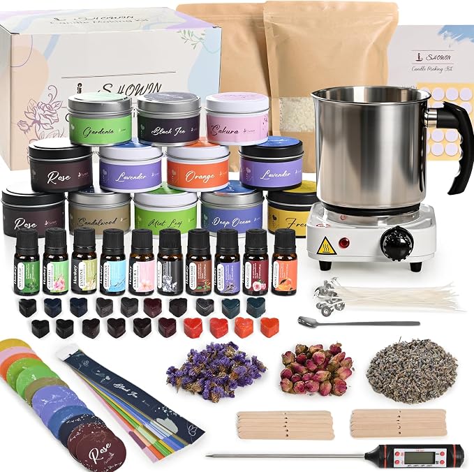 SHOWIN Candle Making Kit, DIY Candle Making Supplies for Adults, Starter Soy Wax Candle Kit with Wax Melter & Tins, Scented Home Decoration